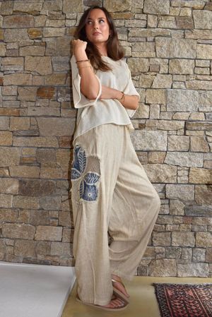 Lindin Linen Blend Crochet Flower Barrel Pant Washed Sandstone